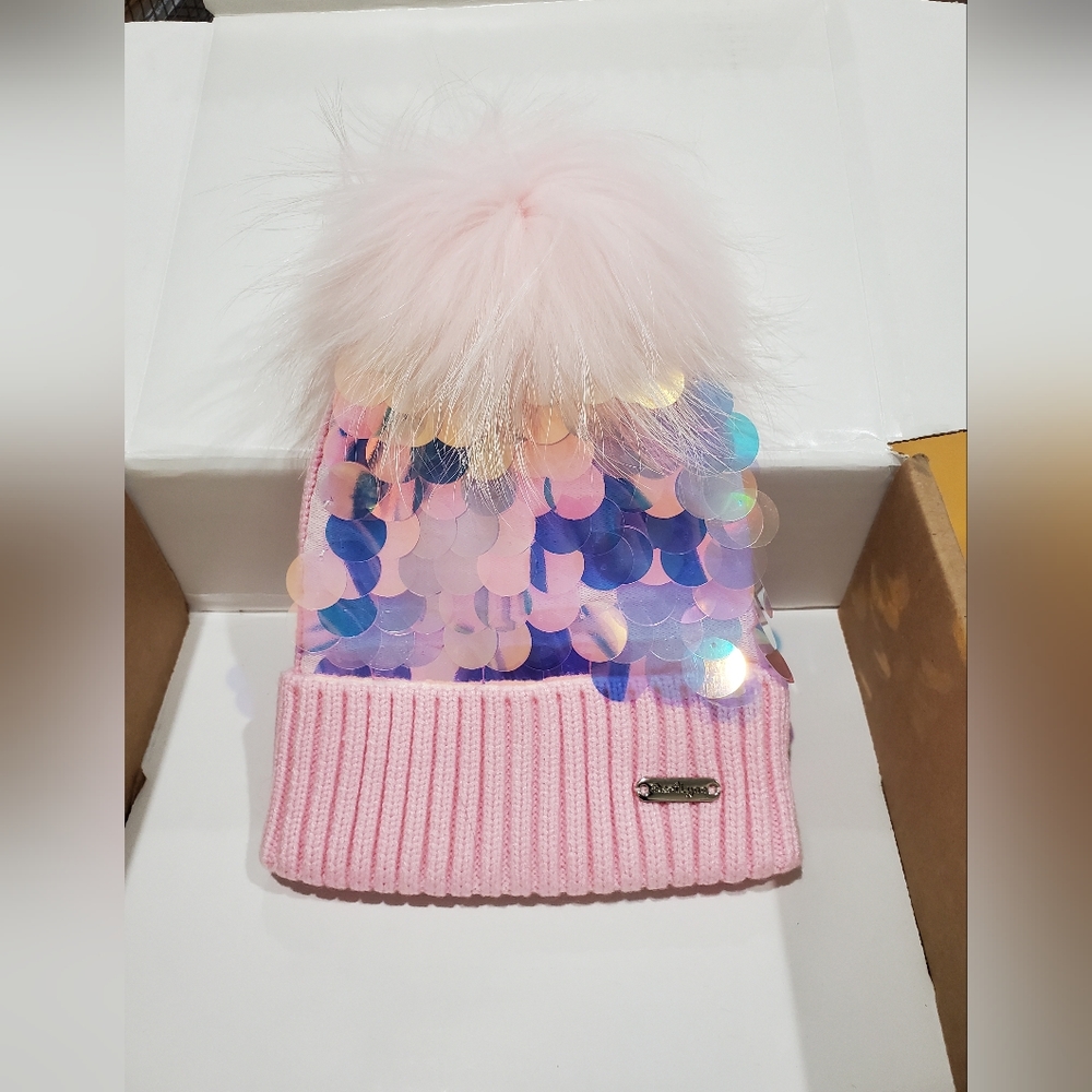 Bari Lynn Sequin Winter Toddler Hat with Real Fur